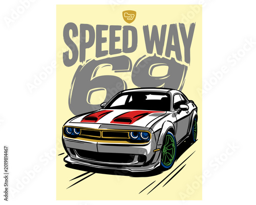 Speed racing poster design. Road speed graphic print. Extreme racing. Car print design for t shirt. Sport car apparel.