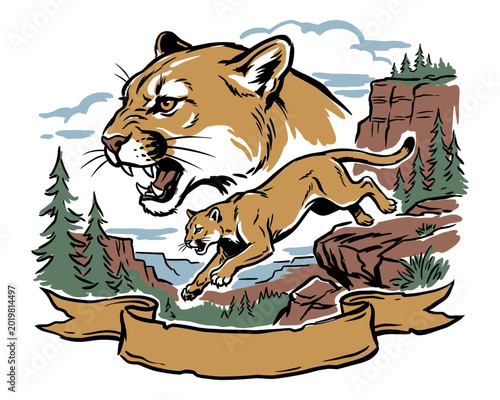 Bild auf Leinwand Mountain with cougar vintage artwork for t shirt