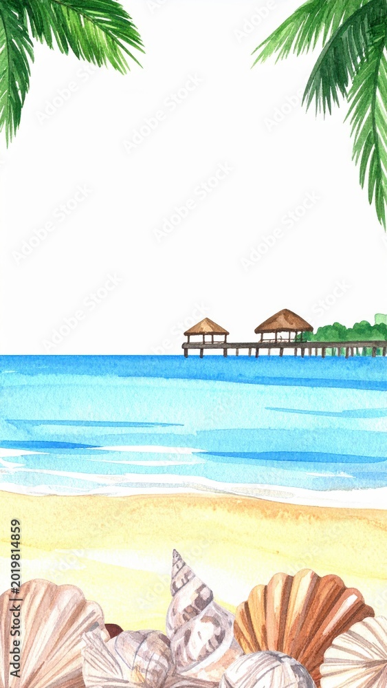 Fototapeta premium Watercolor painting of tropical beach with palm leaves seashells and wooden pier reaching into sea