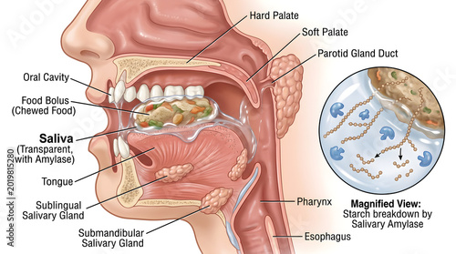 Cross‑section of the human mouth showing food bolus, saliva from parotid, submandibular and sublingual glands, ducts and tongue, plus magnified view of salivary amylase beginning chemical digestion of