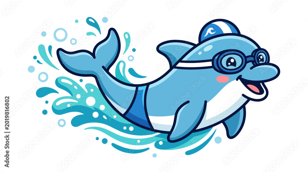 Obraz premium Cute dolphin swimmer wearing goggles and swim cap with water splash