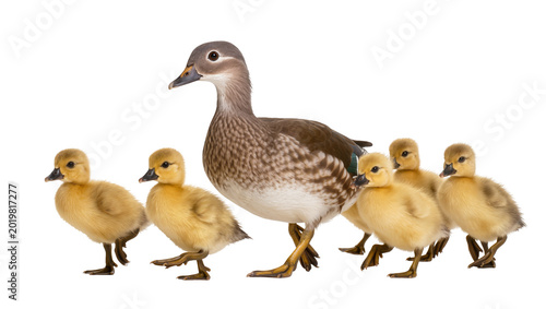 Картината върху платно Mother duck and her ducklings walking together, isolated on transparent backgrou