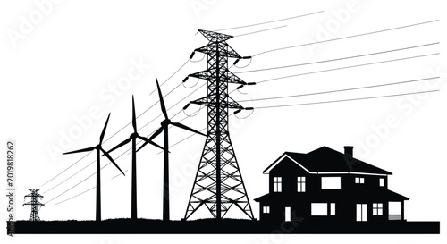 Bild auf Leinwand power transmission tower and wind turbines silhouette high quality professional