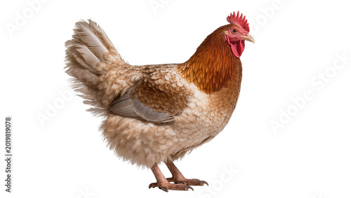 Photos Brown and white hen with red comb, isolated on transparent background