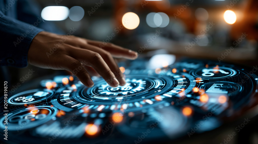 Naklejka premium A glowing smart industry dashboard graphic with robotics and analytics icons on a dark background, smart industry dashboard, automation, robotics, cloud integration,