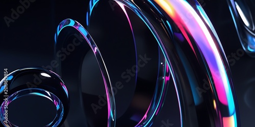 Liquid glass minimalist fluid 3D abstract background with iridescent glass rings on black — glossy ripple circles, chromatic light dispersion, rainbow reflections, neon glow highlights, metallic shimm