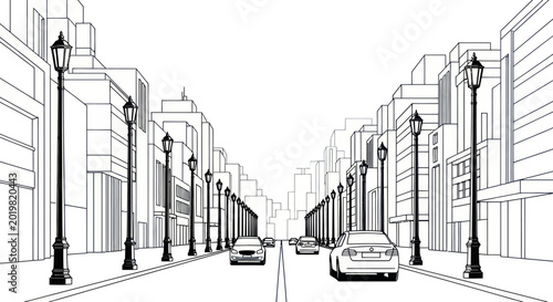 Foto Black and white illustration of a city street with cars and lampposts
