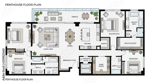 Bild auf Leinwand Modern penthouse floor plan with three bedrooms, large terrace, and open living