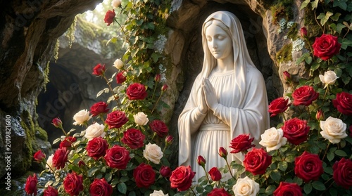 Pristine white marble statue of the praying Virgin Mary in a rocky grotto, surrounded by blooming red and white roses. Concept of Our Lady of Lourdes apparition, Marian shrine, and Catholic pilgrimage