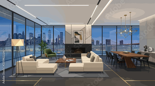 Photos Modern luxury penthouse living room interior with city skyline view at night