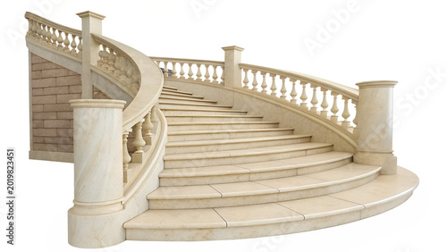 Elegant Curved Marble Entrance Stairs with Classical Stone Balustrade Isolated