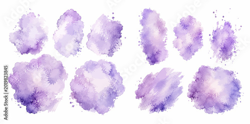 Photos A charming watercolor set of soft purple brush circles featuring cloudy paint splashes stains and textured washes on a white background