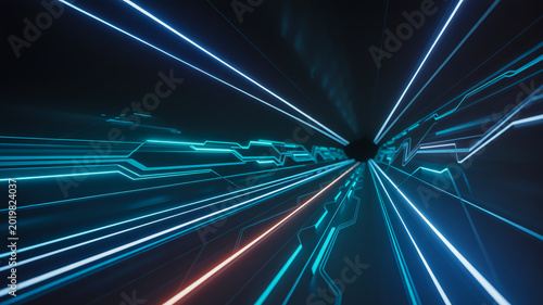Futuristic neon blue and orange light trails in dark tunnel