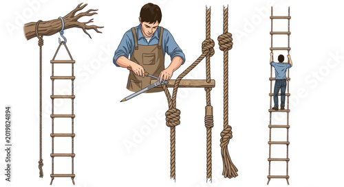 Foto Man making a rope ladder and climbing it