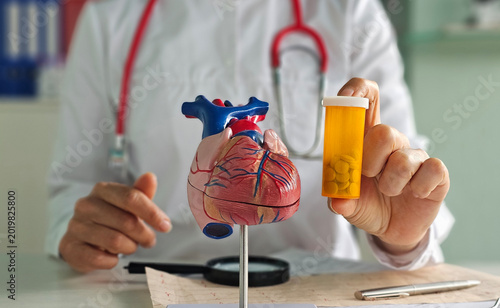 Doctor shows heart model and container of pills in a medical office