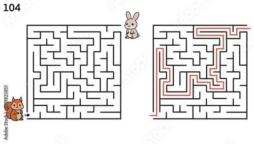 Картината върху платно Squirrel maze puzzle for kids with rabbit and solution path