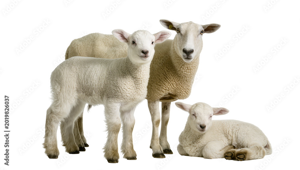 Fototapeta premium Fluffy white sheep family mother and two lambs, isolated on transparent background