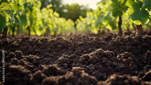Fertile soil in vineyard rows supports healthy green leaves promoting sustainability and natural growth with rich soil enhancing fertility and life