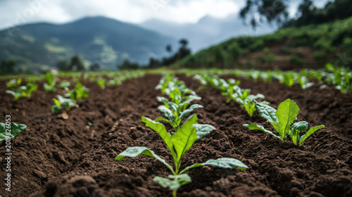 Young green plants grow in rich soil on farm field with mountain background promoting soil fertility and sustainability in agriculture