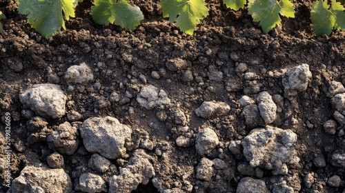 Soil with clumps and green leaves above showing natural fertility and sustainability outdoor environment with rich earth texture and healthy growth