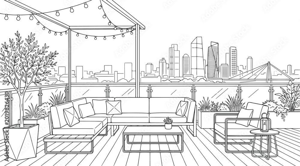 Fototapeta premium Modern rooftop terrace with lounge furniture and city skyline
