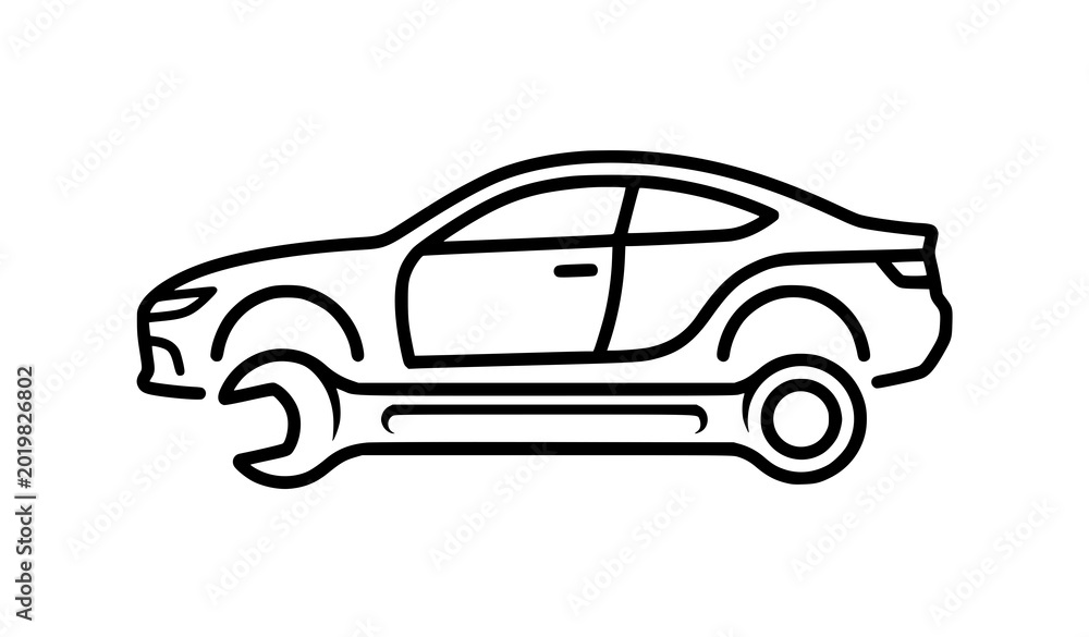 Fototapeta premium Monochrome car mechanic service icon wrench and vehicle vector illustration