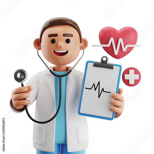  3d Cartoonish Doctor Holding Stethoscope Clipboard with Heartbeat and Cross Icons  isolated on white background