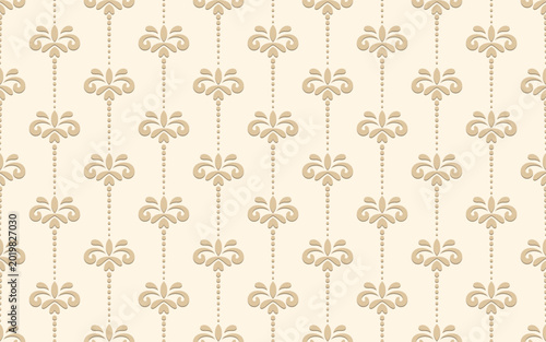 seamless ornamental design for wallpapers, fabric. Vertical damask background in beige color. Classic baroque pattern in Arabic, Indian, Moroccan, Turkish, and European interiors