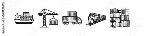 Fotografie Hand-drawn logistics icons featuring a cargo ship, crane, truck, freight train, and shipping containers