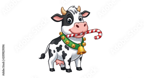 Foto Cute cartoon cow holding a candy cane and wearing Christmas bells