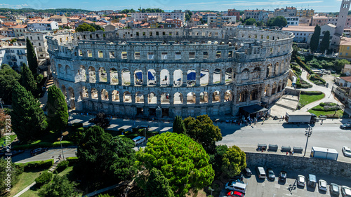 View of the Roman amphitheatre in Pula from above showing architecture and surroundings in Croatia
