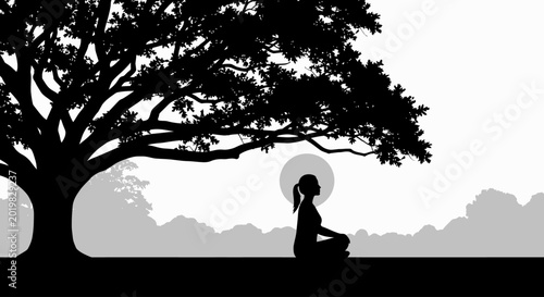 Silhouette of a woman meditating under a large tree in a peaceful landscape