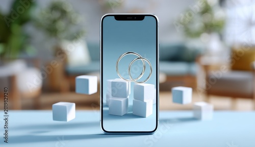 Modern smartphone displaying app with three interlinked silver rings and blue background