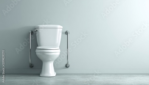 Modern white ceramic toilet with stainless steel safety bars in a clean, minimal bathroom setting