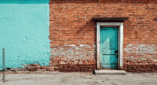 Old red brick wall with a turquoise wooden door on the left side, weathered textured surface, urban setting