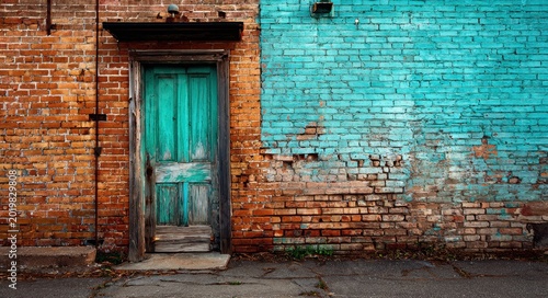 Old rustic brick wall with vibrant teal wooden door and painted blue wall