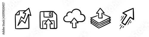 Tableau sur toile Hand-drawn black and white doodle icons representing data upload, cloud storage, file sharing, and digital backup concepts on a white background