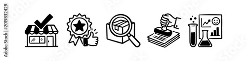 Obraz na plátně Set of black and white line icons for business quality assurance, featuring verified storefront, excellence award, package inspection, document approval stamp, and lab test results