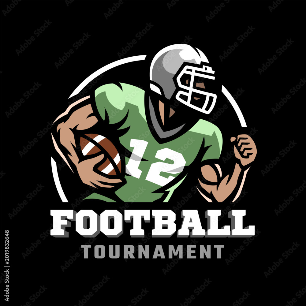 Fototapeta premium American football player with ball logo, emblem on a dark background.