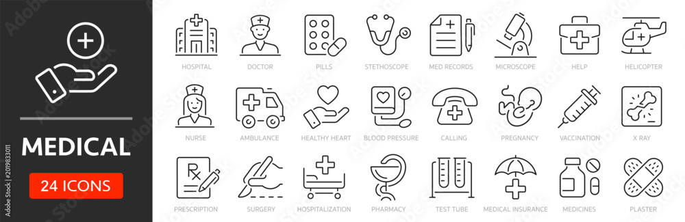 Fototapeta premium Medecine line icon set. Editable Stroke. Medical, health, hospital, pharmacy, doctor, ambulance - stock vector.
