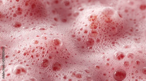 Panel kuchenny z motywem Close-up of pink foam with bubbles. The texture is smooth and creamy, resembling a frothy beverage or dessert topping.