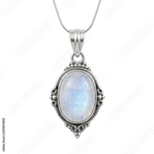 Moonstone pendant isolated on white background with silver setting  
