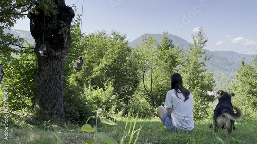 Man enjoying a tree swing while woman and dogs rest nearby in nature