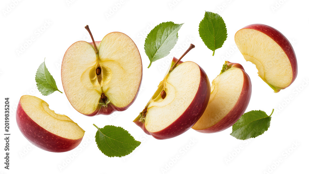 Naklejka premium Red apple halves and slices with green leaves, isolated on transparent background