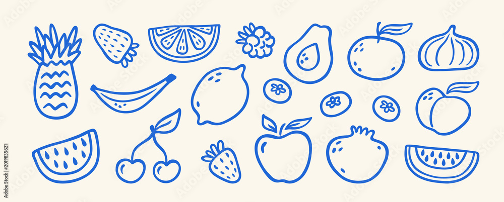 Obraz premium Hand drawn abstract tropical fruits in sketch style. Minimal blue line art. Ink, marker drawing. Pineapple, strawberry, watermelon, banana, cherry, avocado, lemon, pomegranate. Vector illustration.