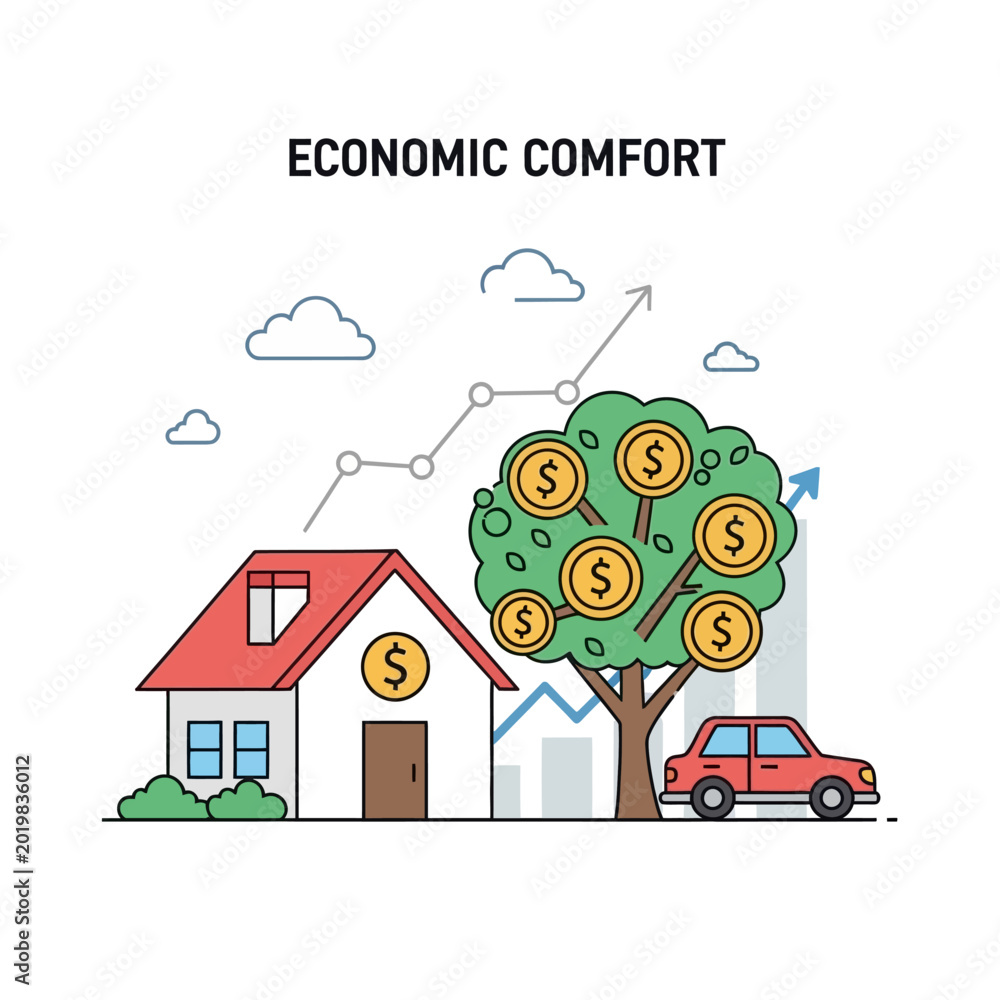 Obraz premium Economic Comfort Illustration: House, Tree with Money, Car, Growth