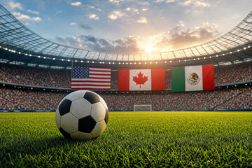 Soccer ball on green grass in a large crowded stadium with flags of USA Canada and Mexico at sunset for international tournament concept or world cup 2026 promotion.