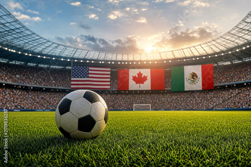 Soccer ball on green grass in a large crowded stadium with flags of USA Canada and Mexico at sunset for international tournament concept or world cup 2026 promotion.