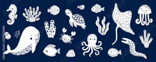 Ocean marine life underwater animals isolated set. White marine animals on a blue background, drawn in doodle style.