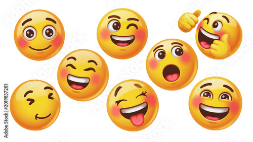 Konstfotografi Set of seven colorful happy and sad emoji faces expressing different emotions Ve